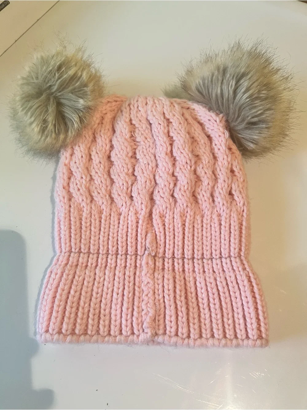 C.C Kids Light Pink Cable Knit Hat with Faux Fur Double Poms
